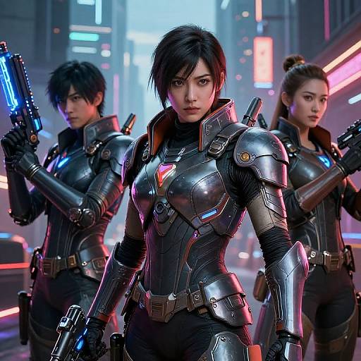 CGI image of three Asian women in futuristic black armor with glowing blue and red accents, holding guns in a neon-lit city street. Their determined