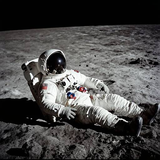Photorealistic image of an astronaut in a white spacesuit with an American flag patch, lying on a dark, rocky moon surface under a black sky