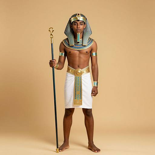 Photograph of a Black man in ancient Egyptian attire, including a striped headdress, gold necklace, white kilt, gold arm bands, and holding