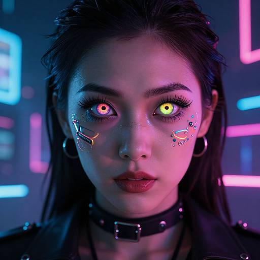 Neon-lit close-up of cyberpunk woman with glowing heterochromatic eyes, dark hair, face paint, black choker, and hoop earrings