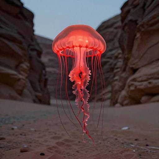 Photograph of a vibrant red jellyfish with translucent tentacles floating in a narrow, rocky canyon under a twilight sky.