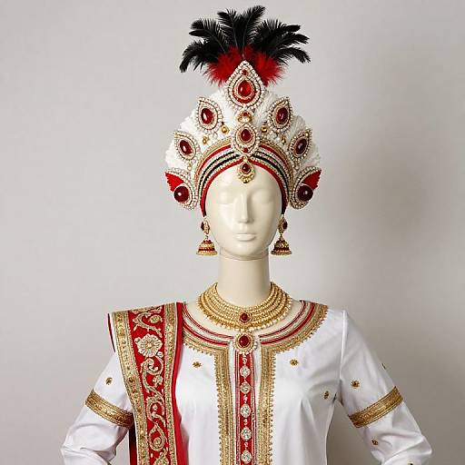 Photograph of a white mannequin wearing an ornate, white and red traditional headdress with black feathers, gold and red embroidery, and matching
