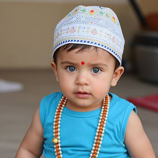 Photograph of a young boy with blue eyes, wearing a white embroidered cap, blue sleeveless shirt, and two beaded necklaces, with a
