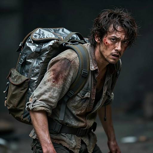 Wounded Man with Large Backpack in Dark Setting