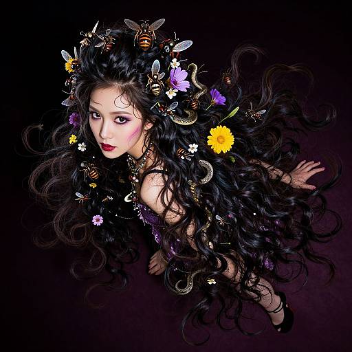 Digital art of an Asian woman with long, curly black hair adorned with bees, flowers, and insects, against a dark background. She gazes upward