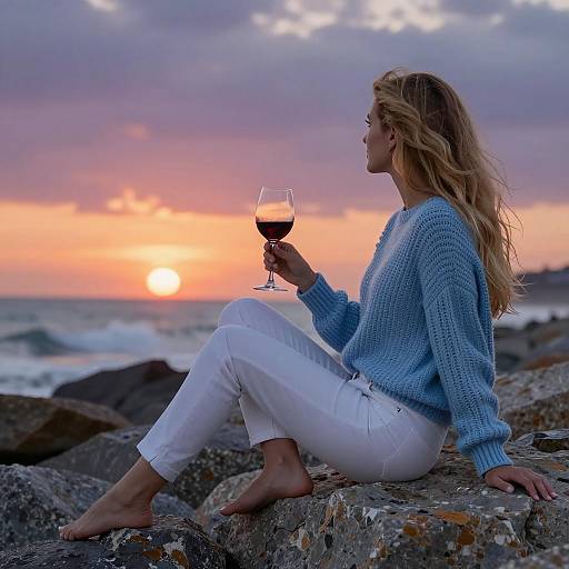 Serene Sunset: Woman by the Sea