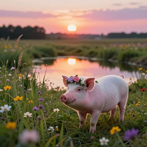 Photograph of a pink piglet wearing a flower crown, standing in a colorful meadow with wildflowers, near a reflective pond, at sunset.