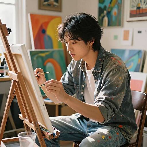 Young Asian male artist in denim shirt and jeans, painting with brush on canvas in sunlit, colorful studio, surrounded by abstract art.