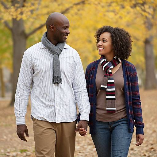 Photograph of a smiling black couple holding hands in an autumn park; he wears a white shirt and grey scarf, she in a brown top and pl