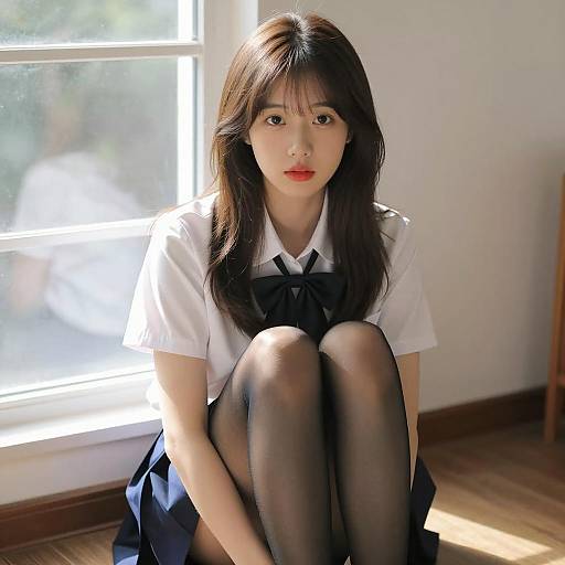 Asian Schoolgirl in Sunlit Classroom