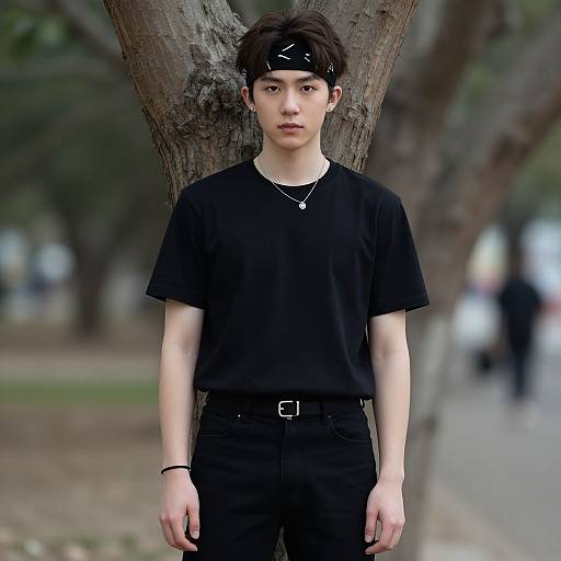 Photograph of a young Asian man with fair skin, black hair, wearing a black headband, t-shirt, and pants, standing against a tree