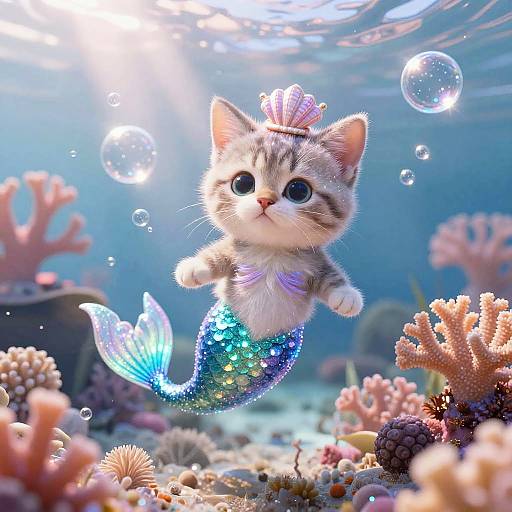 Kawaii Mermaid Kitten with Sparkling Fishtail