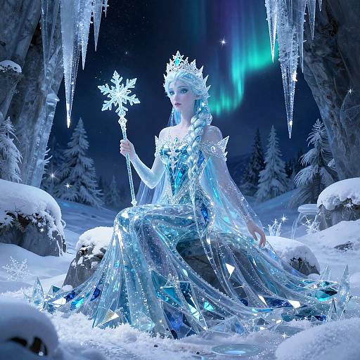 Digital art of an icy queen with blue and white glowing gown, snowflake crown, and staff, sitting in a snowy, icicle-filled forest under