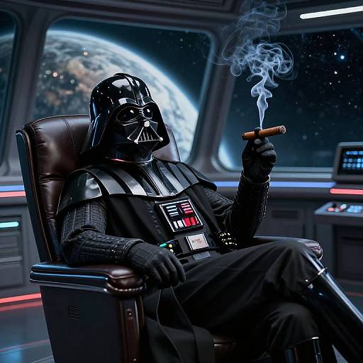 Photorealistic digital art: Darth Vader in a leather chair, smoking a cigar with blue smoke, in a spaceship cockpit with Earth visible through the window
