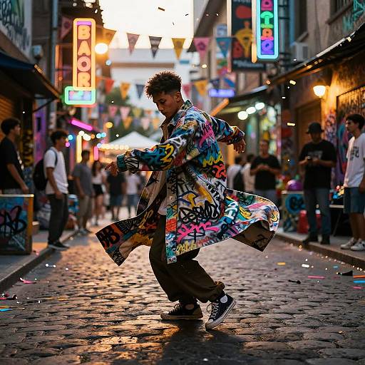 Photograph of a young man with spiky hair, wearing a colorful, graffiti-patterned coat, dancing on a vibrant, neon-lit, cob