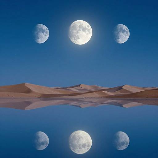 Photograph of a clear blue sky with five full moons, three above and two below, reflected in a calm desert lake, with sandy dunes in