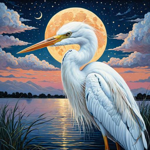Elegant White Heron with Full Moon Background