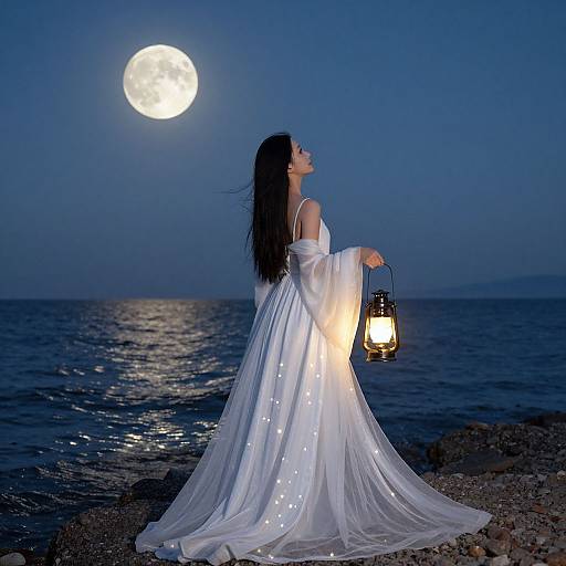 Photograph of a woman in a white, illuminated, off-shoulder gown holding a lantern, standing by the moonlit sea at night.