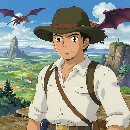 Anime-style drawing of a worried adventurer in a white shirt, brown hat, and suspenders, with two bat-like creatures in a vibrant, mountainous