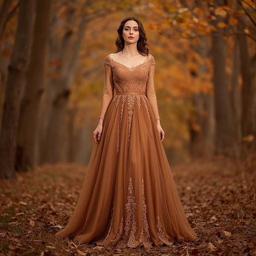 Photograph of a fair-skinned woman with dark brown hair wearing an elegant, long-sleeved, brown, lace-embellished gown,