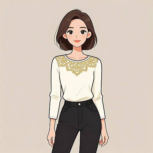 Digital anime-style drawing of a smiling woman with short brown hair, wearing a white long-sleeve top with gold lace details and black high-wa