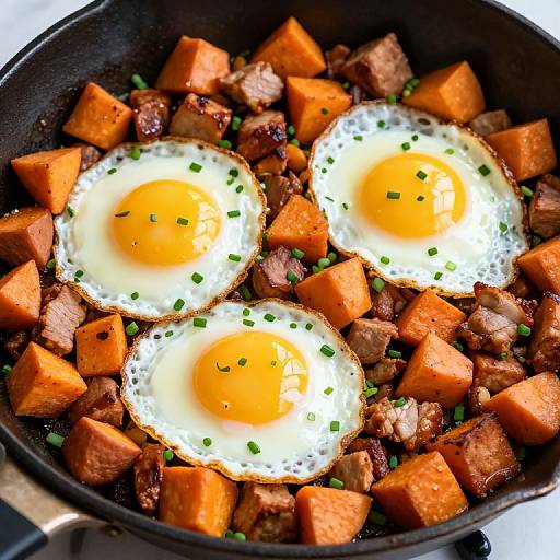Close-up photograph of two sunny-side-up eggs with bright yellow yolks, surrounded by diced orange sweet potatoes, crispy bacon, and green chives in