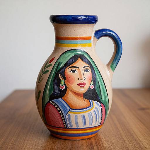 Photograph of a ceramic vase with a painted portrait of a woman with long green hair, red lips, and traditional dress, standing on a wooden surface
