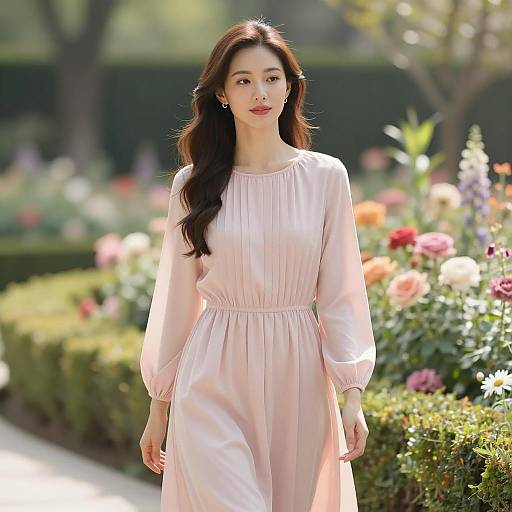 Asian Woman in Light Pink Flowy Dress in Garden