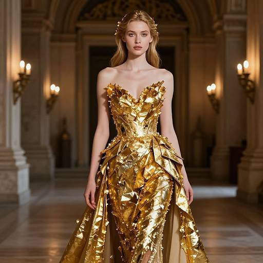 Photograph of a slender woman with fair skin and long blonde hair, wearing a strapless, golden, metallic dress with intricate patterns, walking down a