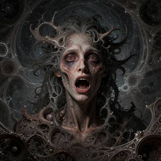 Digital art of a terrified, pale-faced woman with wild hair, eerie eyes, and dark, swirling, organic patterns enveloping her.