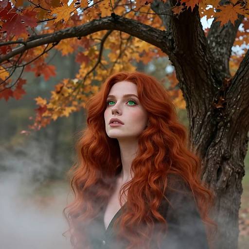 Enigmatic Red-Haired Woman in Mystic Fall