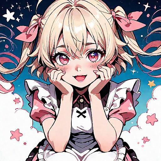 Chibi Blonde Anime Girl Sitting Cheerfully