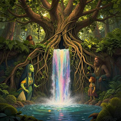 Fantasy forest scene: green-skinned fairy, yellow dress, and brown-haired child with tunic, standing by a rainbow waterfall, massive tree roots