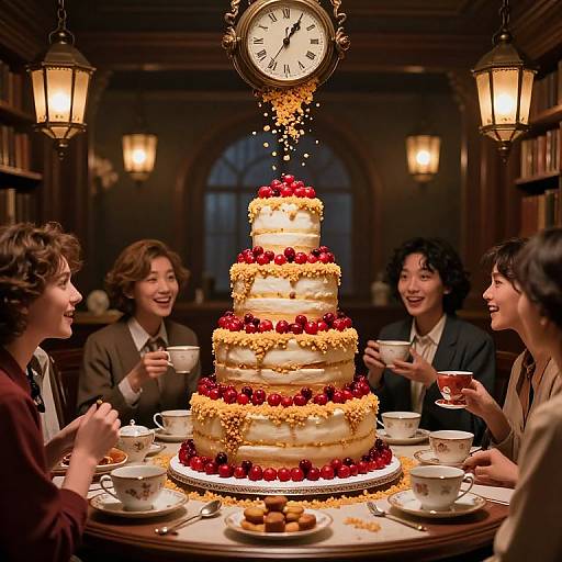 Photograph of four laughing Asian women around a table with a five-tiered, cherry-decorated cake, clock above, warm lighting.