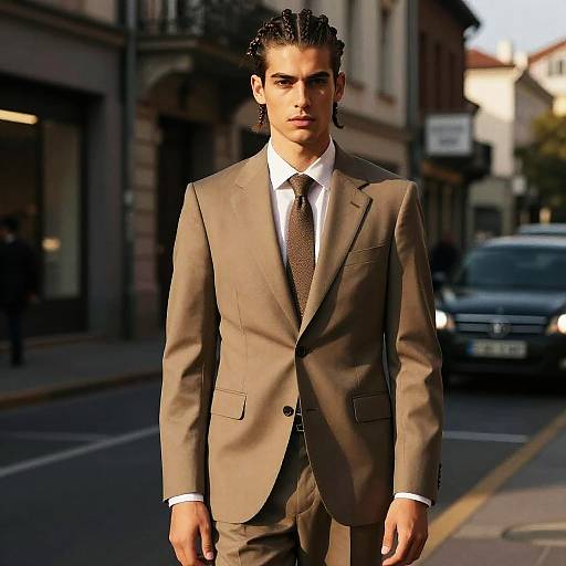 Photograph of a young man with dark skin and braided hair, wearing a brown suit, white shirt, and brown tie, standing on a sun