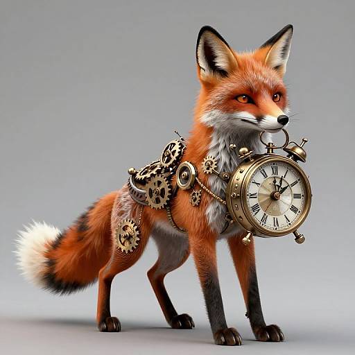 CGI illustration of a red fox standing, adorned with mechanical gears, a leopard-print strap, and a large, vintage clock around its neck.