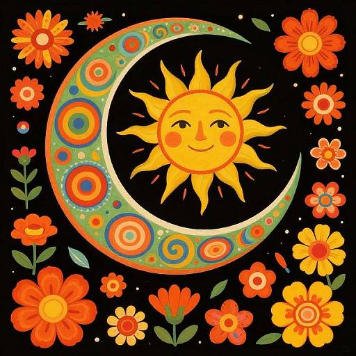Colorful digital illustration of a smiling sun with rays, surrounded by a crescent moon adorned with spirals, and vibrant red, orange, and yellow