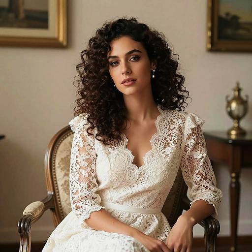 Photograph of a beautiful woman with curly dark hair, wearing a white lace dress, sitting in an elegant room with framed paintings and antique furniture.