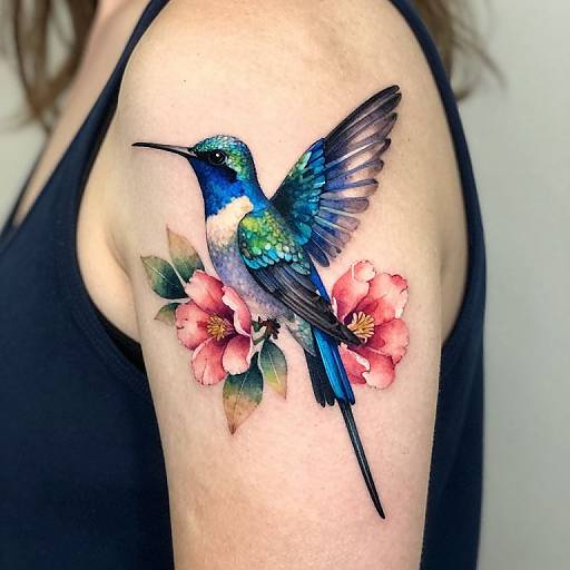 Photograph of a person's upper arm with a vibrant, detailed tattoo of a blue-green hummingbird with outstretched wings, perched on pink