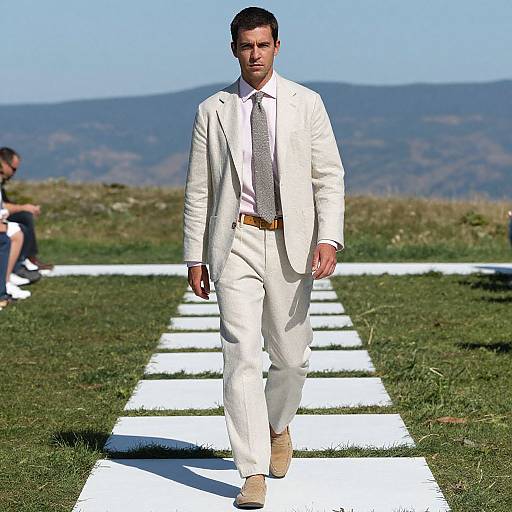 Photograph of a handsome man in a white suit, pink shirt, and patterned tie, walking a grassy runway with white steps, mountains in