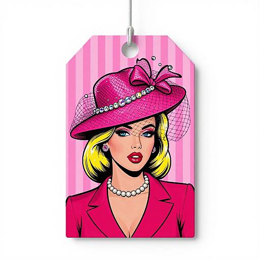 Pop art illustration of a blonde woman in a pink hat adorned with pearls and a mesh veil, red lips, and matching pink blazer, set against