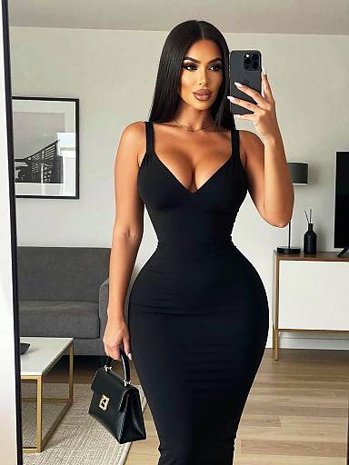 Photograph of a curvy woman with long black hair, wearing a tight black V-neck dress, taking a mirror selfie in a modern, minimalist living