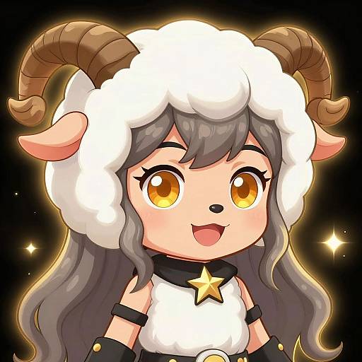 Chibi-style digital drawing of a cute, horned, sheep-girl with golden eyes, wavy gray hair, white wool hat, black scarf,