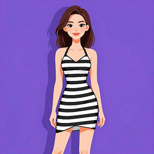 Digital drawing of a smiling woman with long brown hair, wearing a black-and-white striped halter dress, standing against a solid purple background.