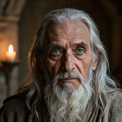 Photograph of an elderly man with long white hair, green eyes, and a white beard, illuminated by a candlelight in a dimly lit,