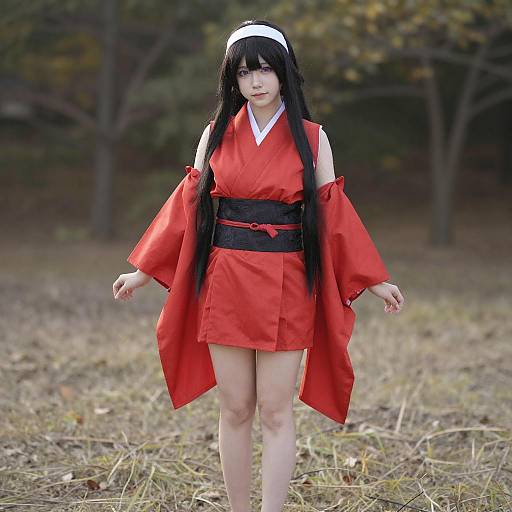 Lifestyle costume photo of Musha miko tomoe. Cosplay clothes
