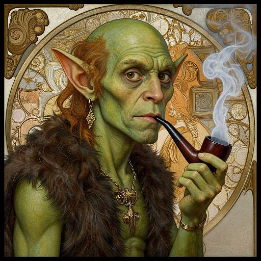 Digital illustration of a green-skinned, bald, elf-like creature with pointed ears, smoking a curved pipe, wearing fur and jewelry, set against an