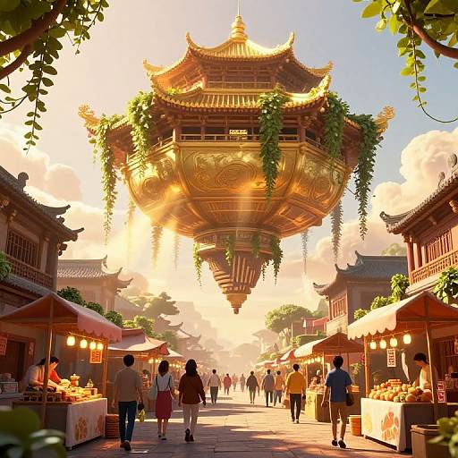 Photograph-style digital art of a bustling Asian market street at sunset, featuring a golden, vine-covered pagoda in the background. Shoppers and vendors