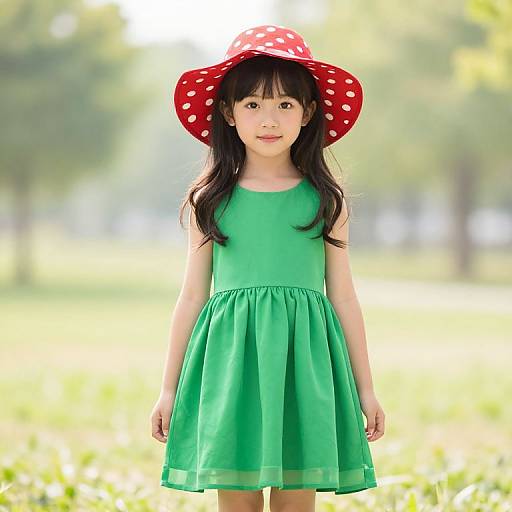 Photograph of an Asian girl with long black hair, wearing a green sleeveless dress and red polka dot sunhat, standing in a sunlit