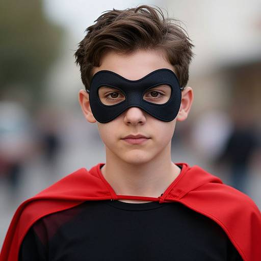 Photograph of a young boy with short brown hair, wearing a black mask and red cape, standing in a blurred outdoor street.